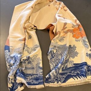 New Floral Scarf with Blue and Orange Asian Design 74X27